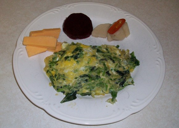 Asian Greens in Scrambled Eggs with Vermont Cheese and Pickled Bits and Pieces