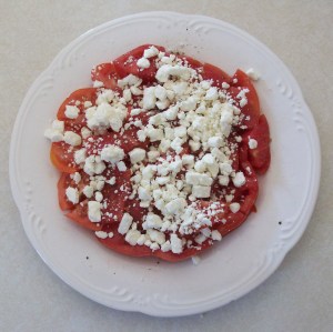 Sliced Tomato, Salt, Pepper and Feta Cheese