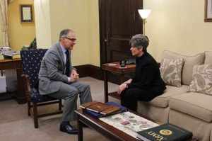 Oklahoma Attorney General and Environmental Protection Agency Administrator nominee Scott Pruitt meets with Iowa Senator Joni Ernst in her office.